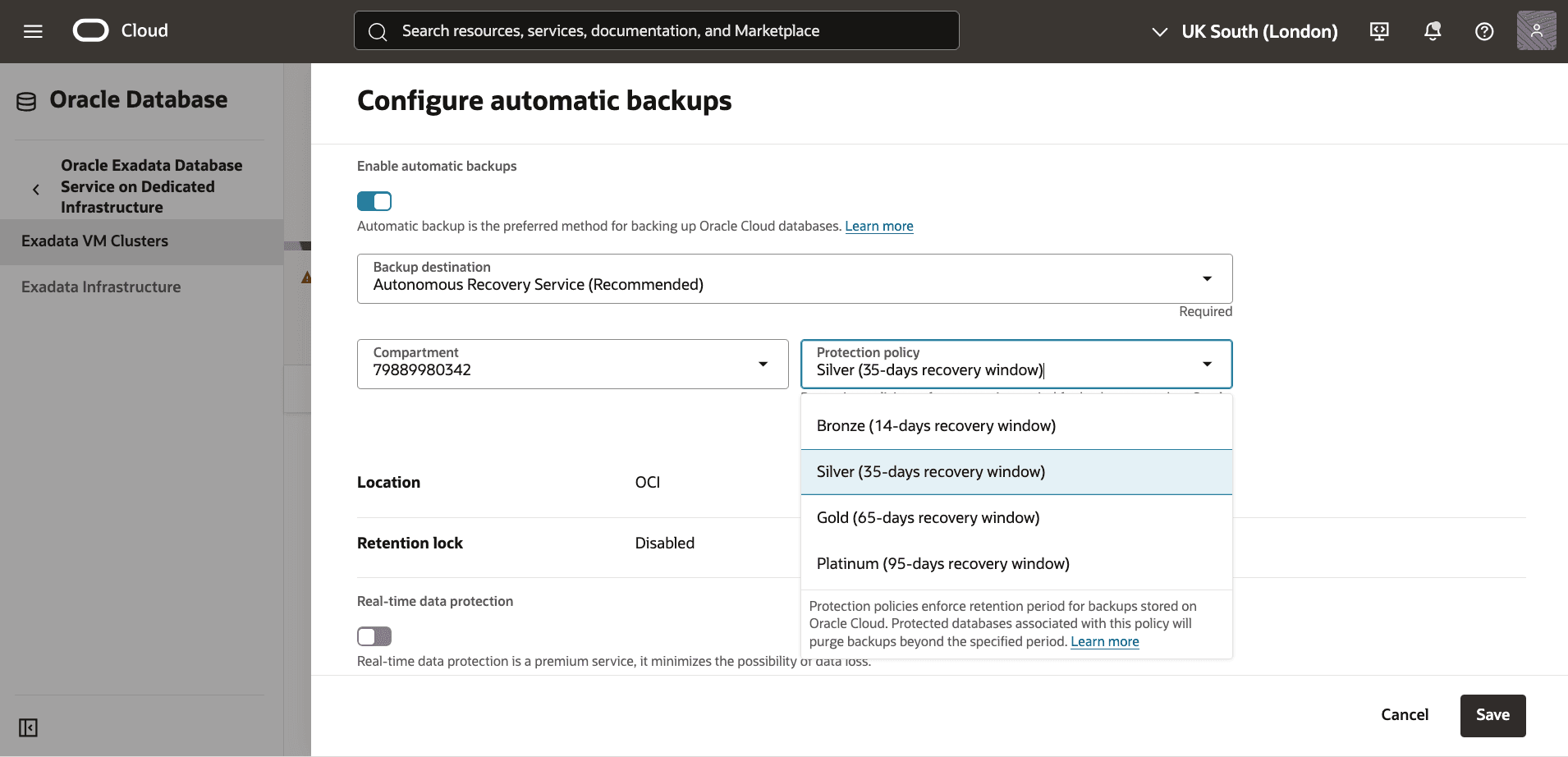 A screenshot of the Exadata Database backup process. A screenshot of the Exadata Database backup process.