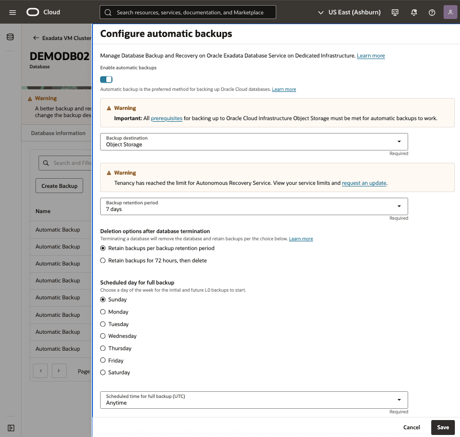 A screenshot of the Exadata Database backup process. A screenshot of the Exadata Database backup process.