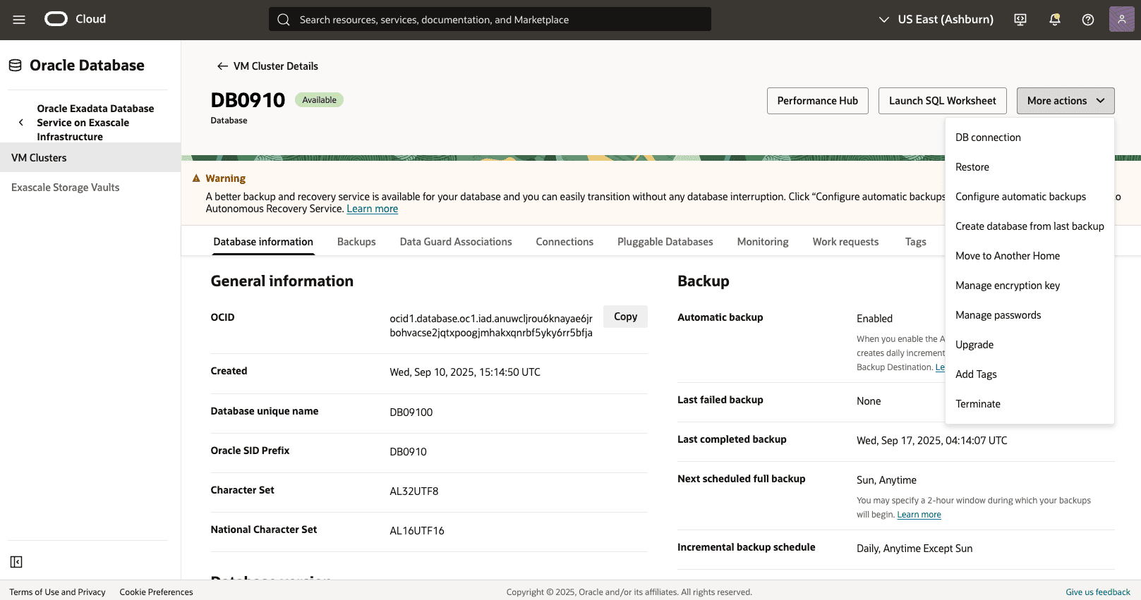 A screenshot of the View Automatic Backup from the OCI Console process.