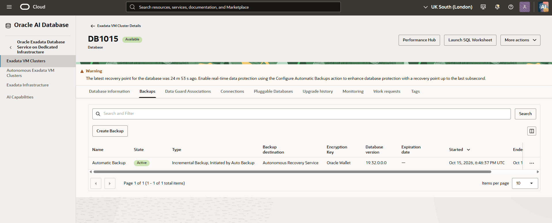 The screenshot shows how to create the long-term backup of Exadata Database backup process.