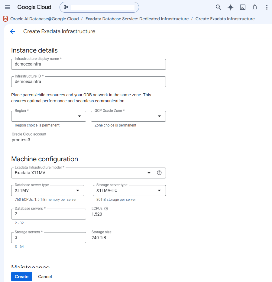 A screenshot of the Exadata Infrastructure creation details.