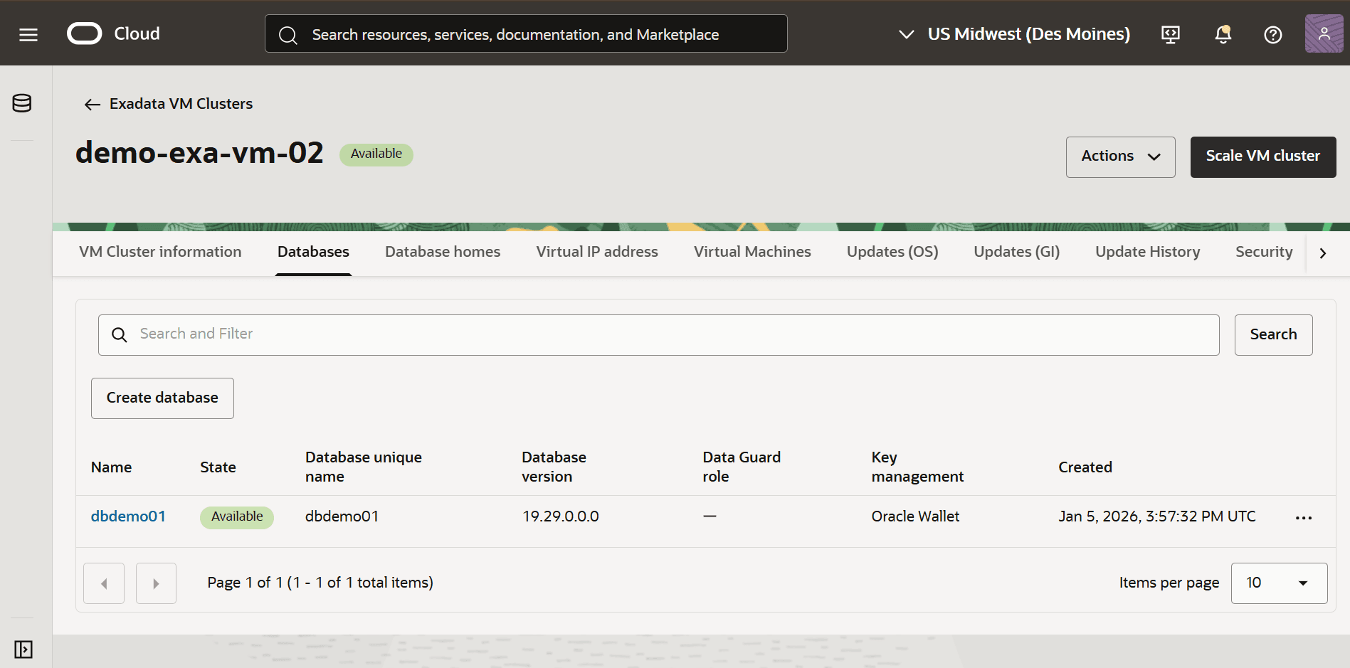 This screenshot shows the selected Exadata VM Cluster and the Exadata Database created on that cluster