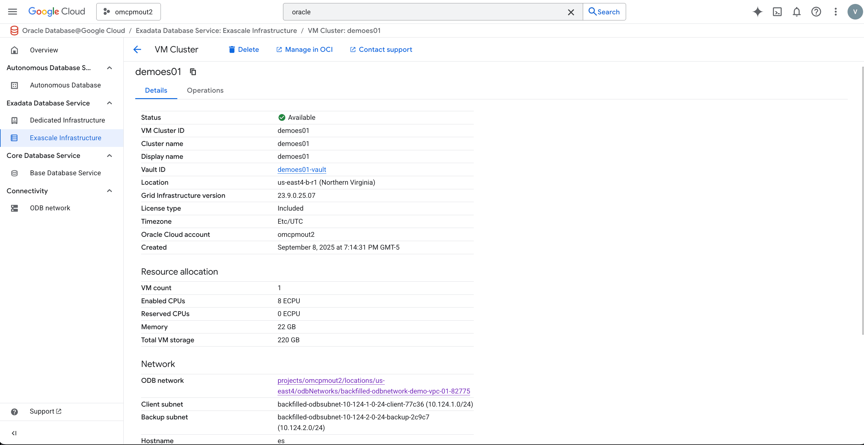 This screenshot shows the step to access the Manage in OCI icon.