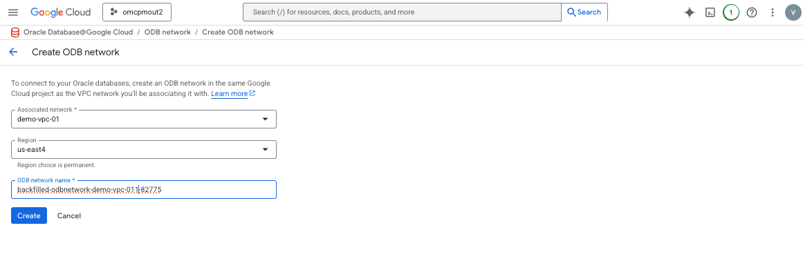 A screenshot showing the Create ODB network page and its fields.