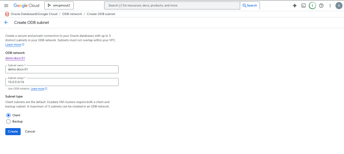 A screenshot of the Subnet creation process.