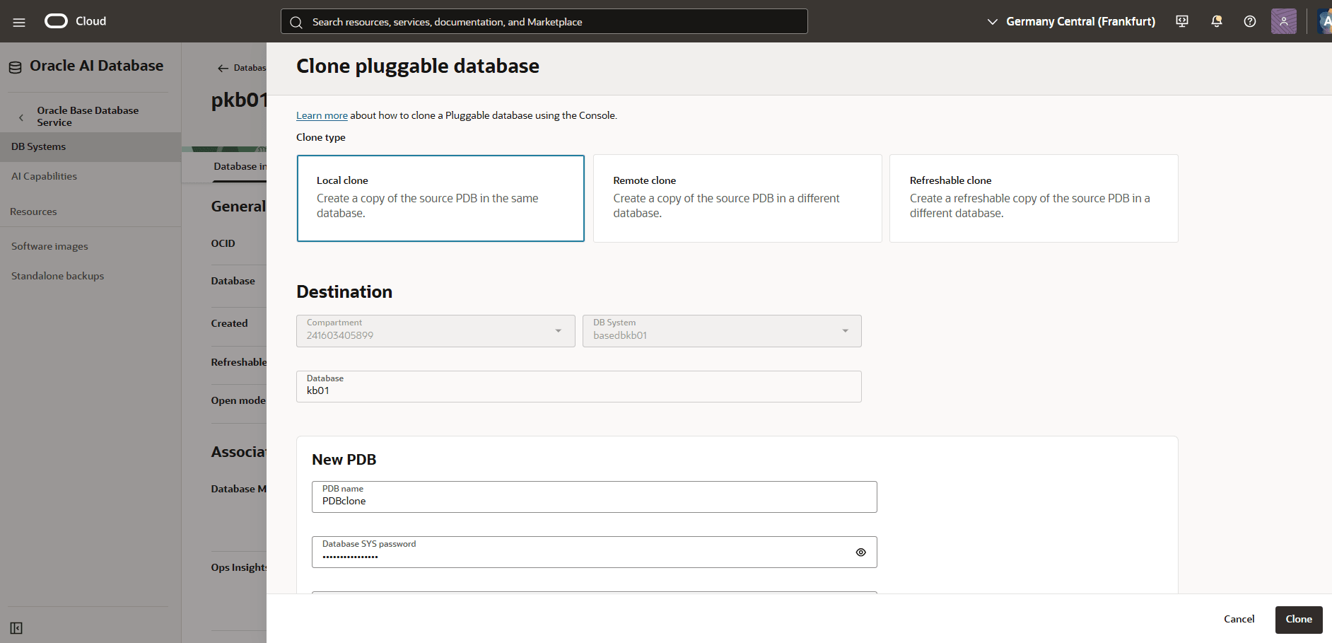 This screenshot shows how to clone a Base Database.