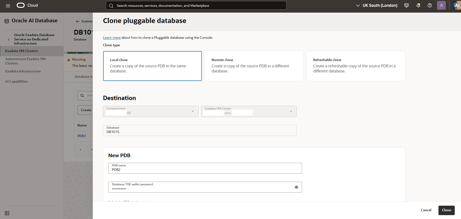 This screenshot shows how to clone a PDB.