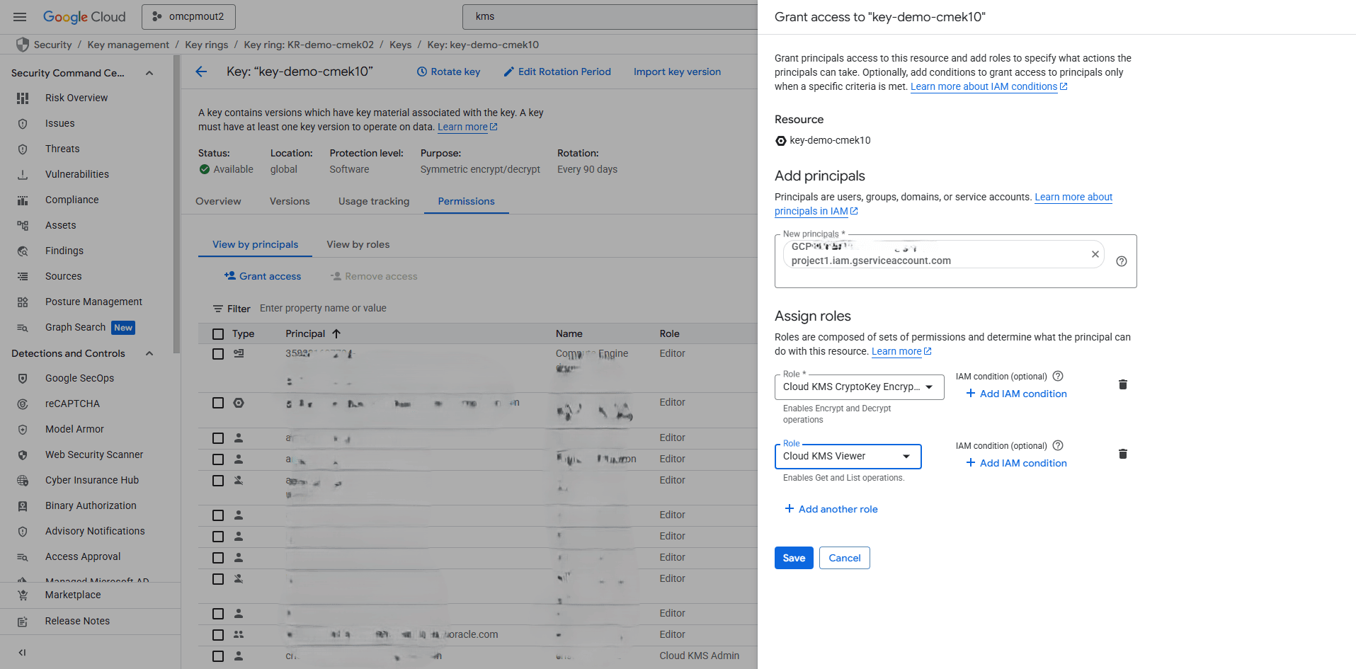 This screenshot shows how to grant permissions to the key.