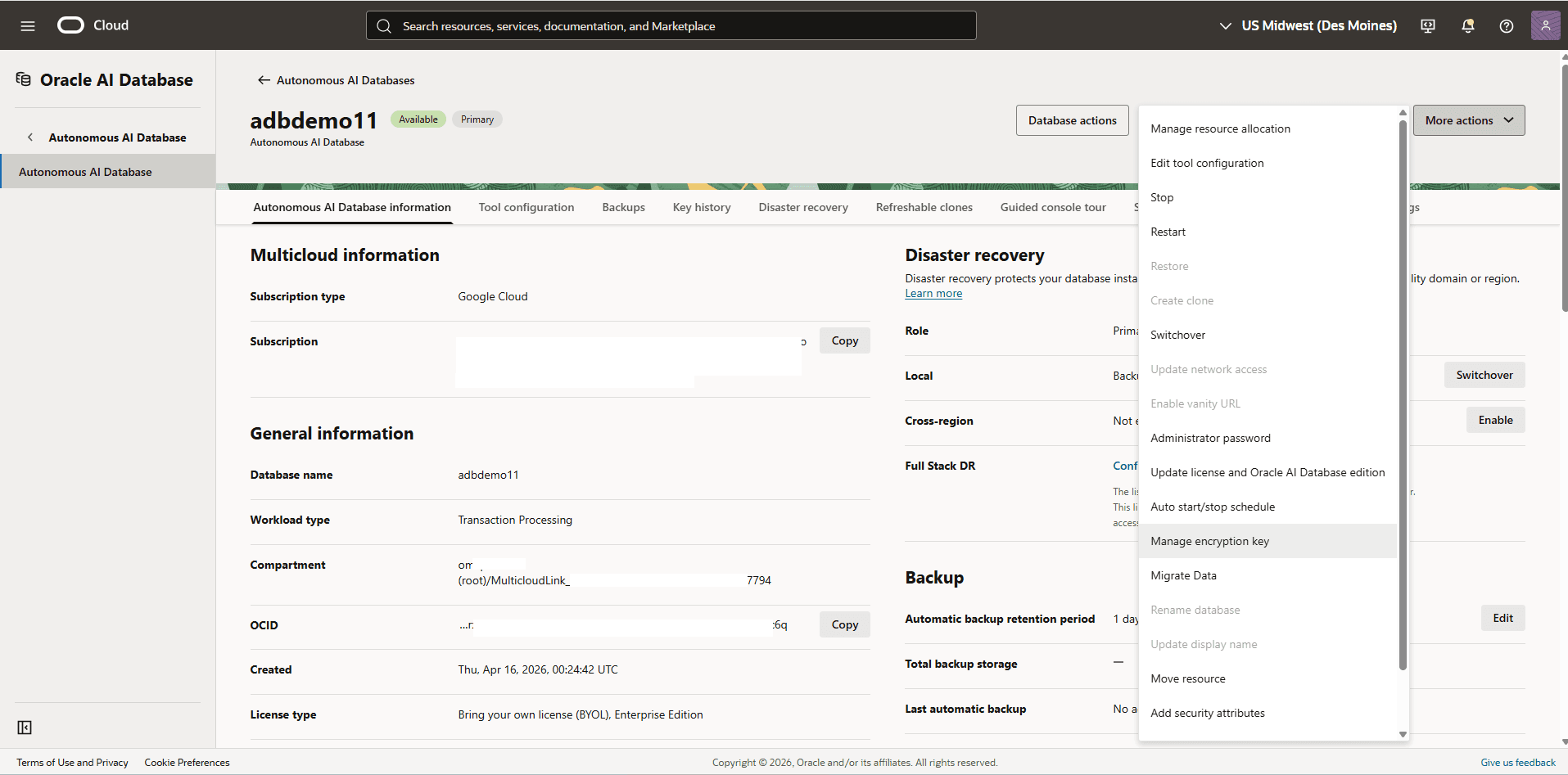 This screenshot shows how to change key management.