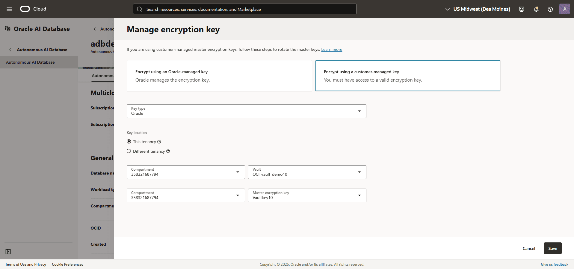 This screenshot shows how to change key management.