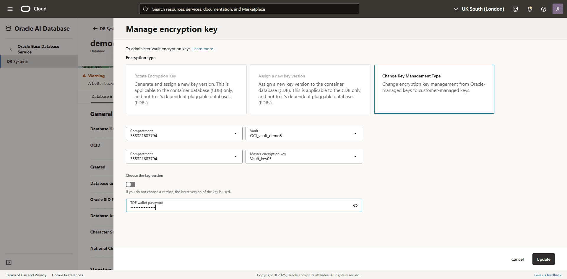 This screenshot shows how to change key management.