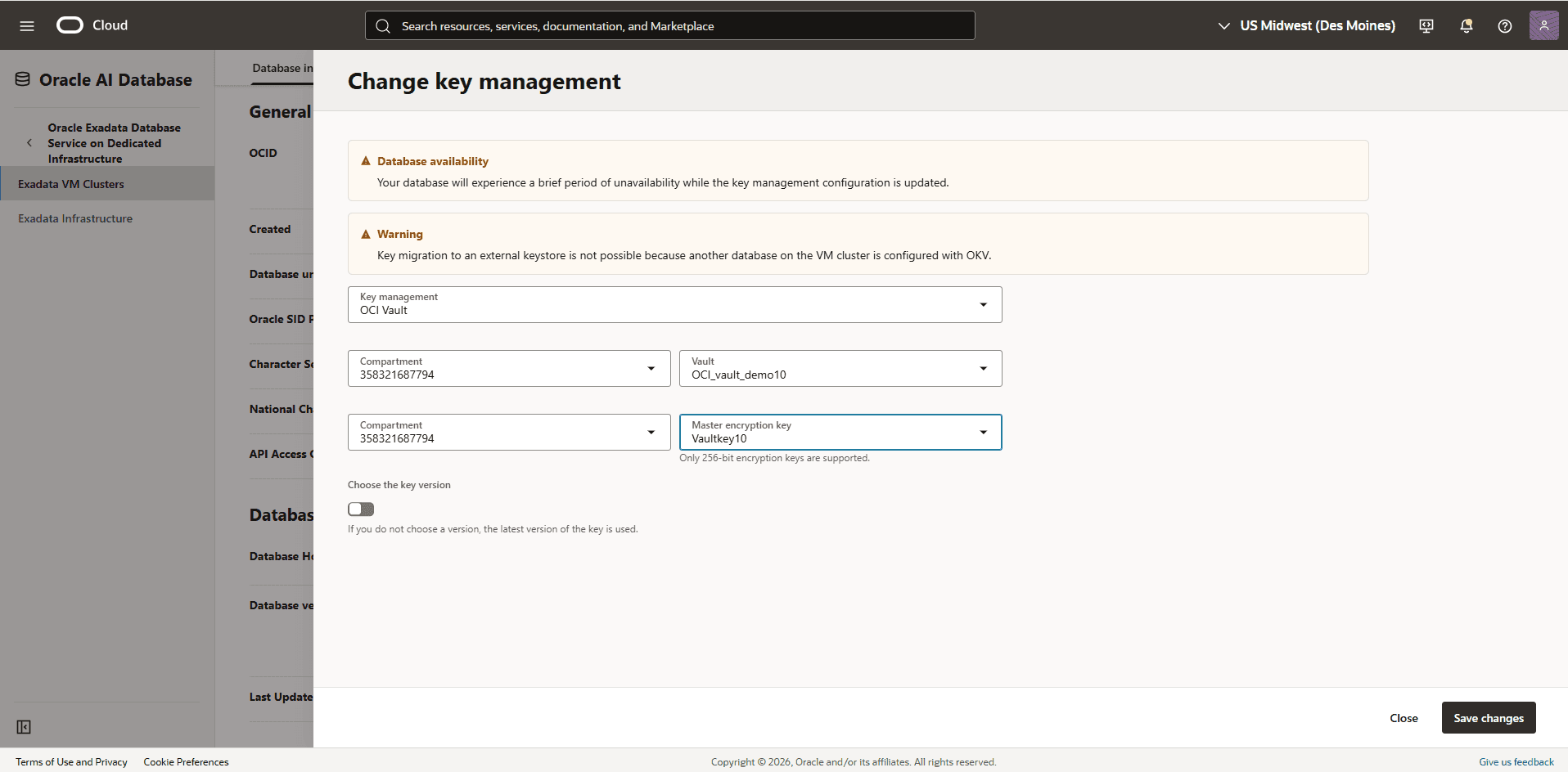 This screenshot shows how to change key management.