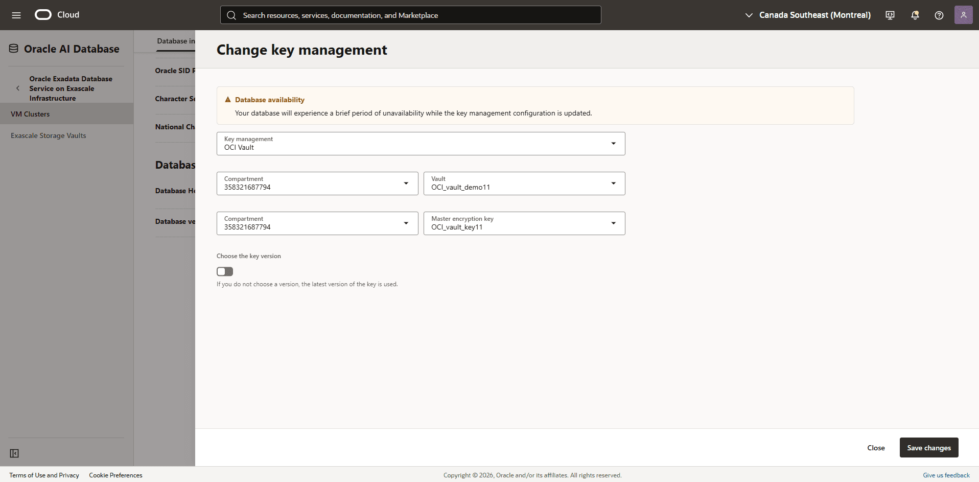 This screenshot shows how to change key management.