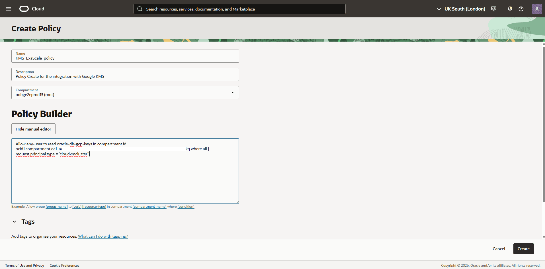 This screenshot shows how to create a policy.