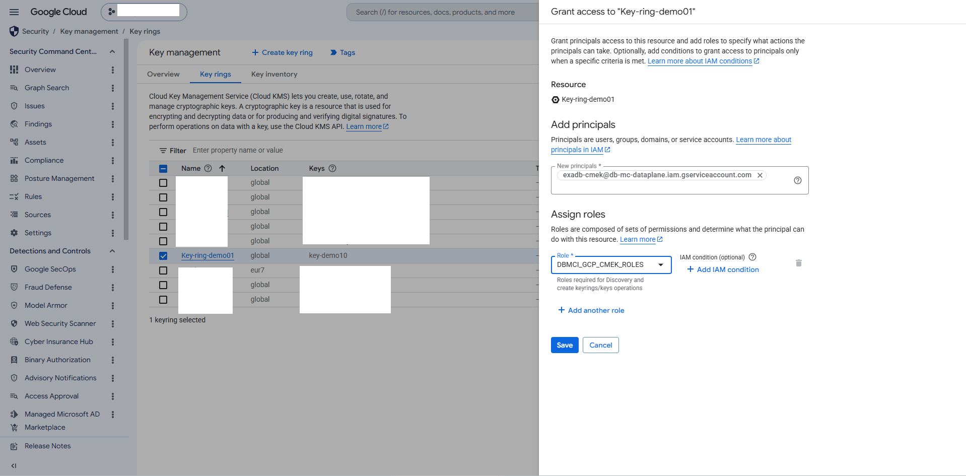 This screenshot shows how to grant permissions in Google Cloud KMS.
