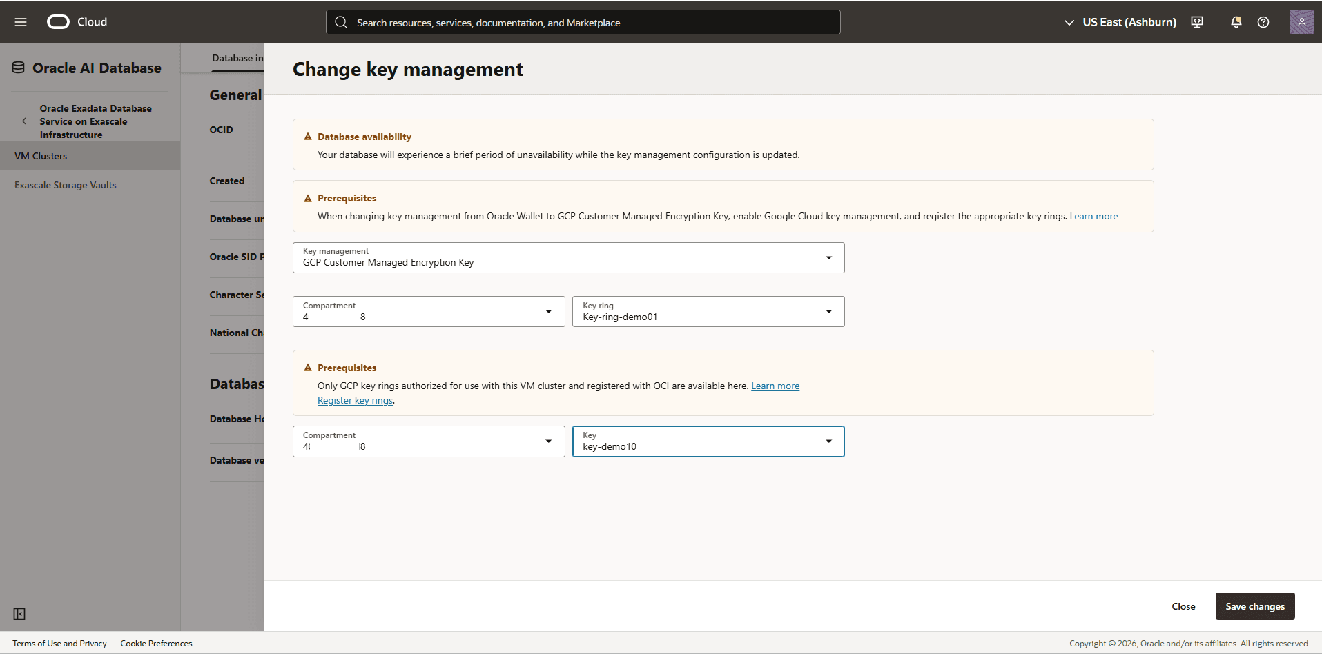 This screenshot shows how to change key management.