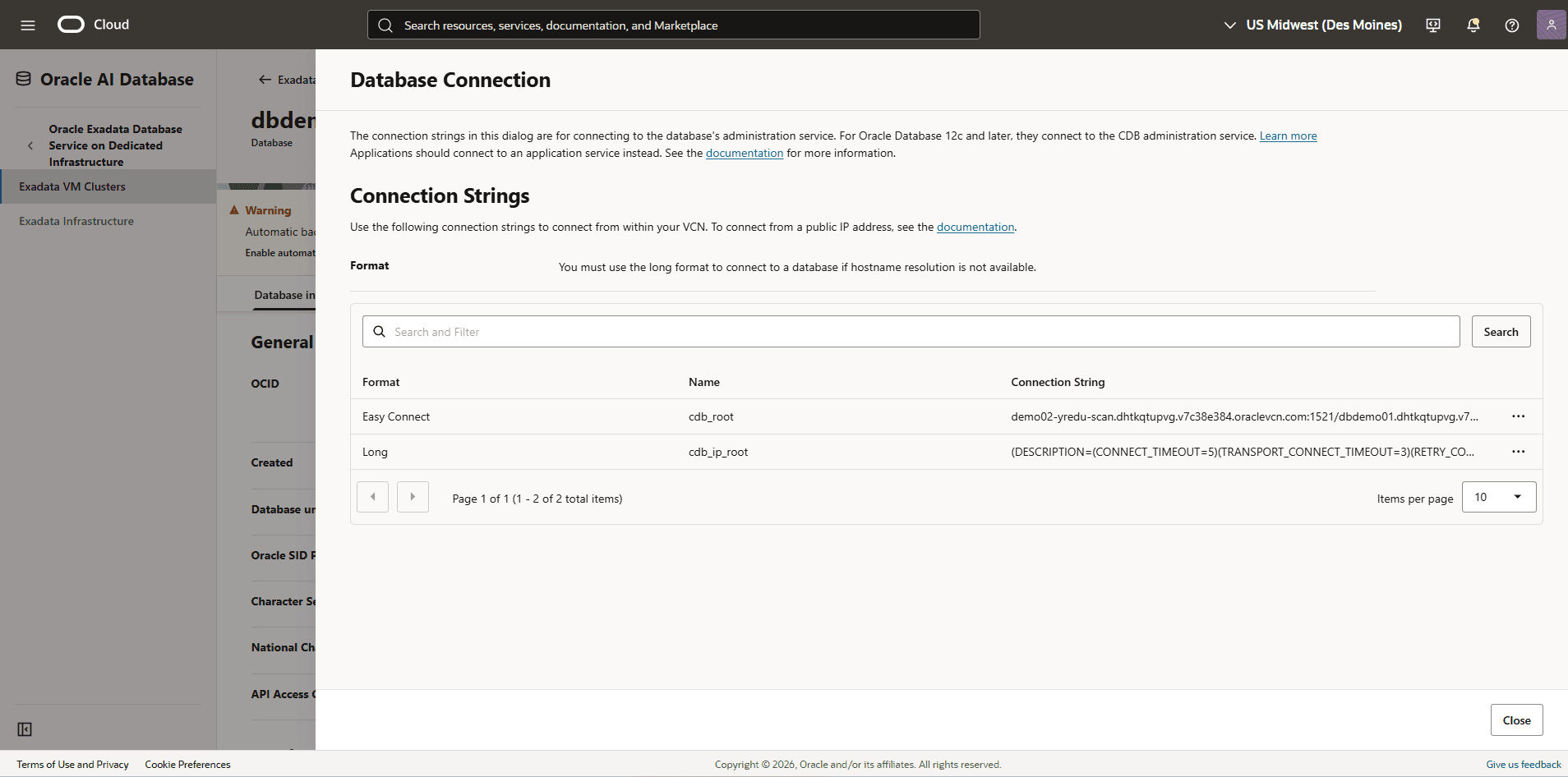 This screenshot shows connection strings.