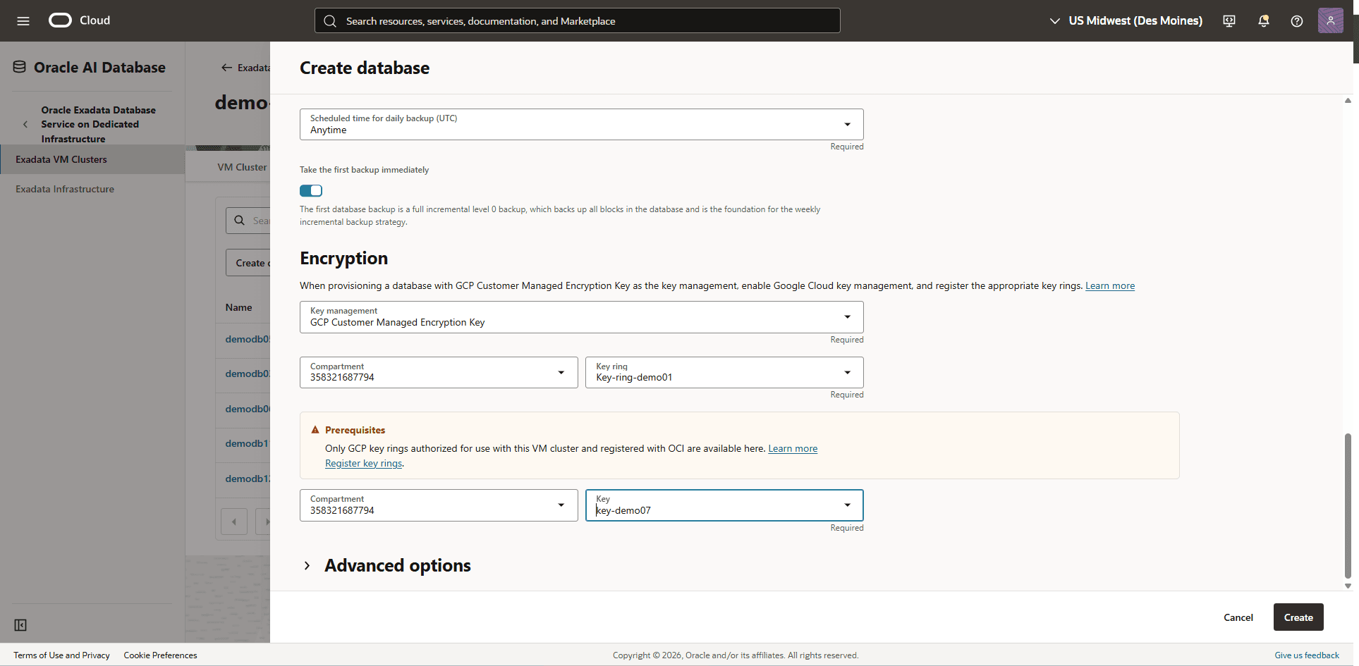 This screenshot shows how to create a dataabase and use GCP CMK.