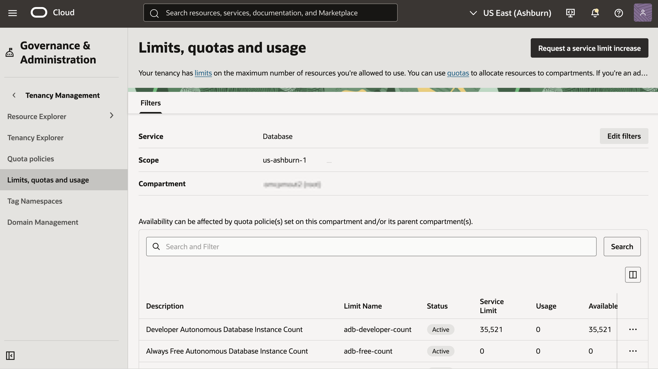 Click to expand Example of Limits, Quotas and Usage page with values selected.