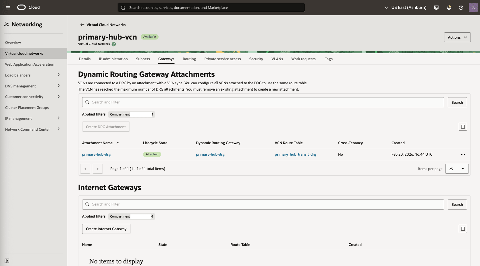 This screenshot shows how to configure the network in the primary region.