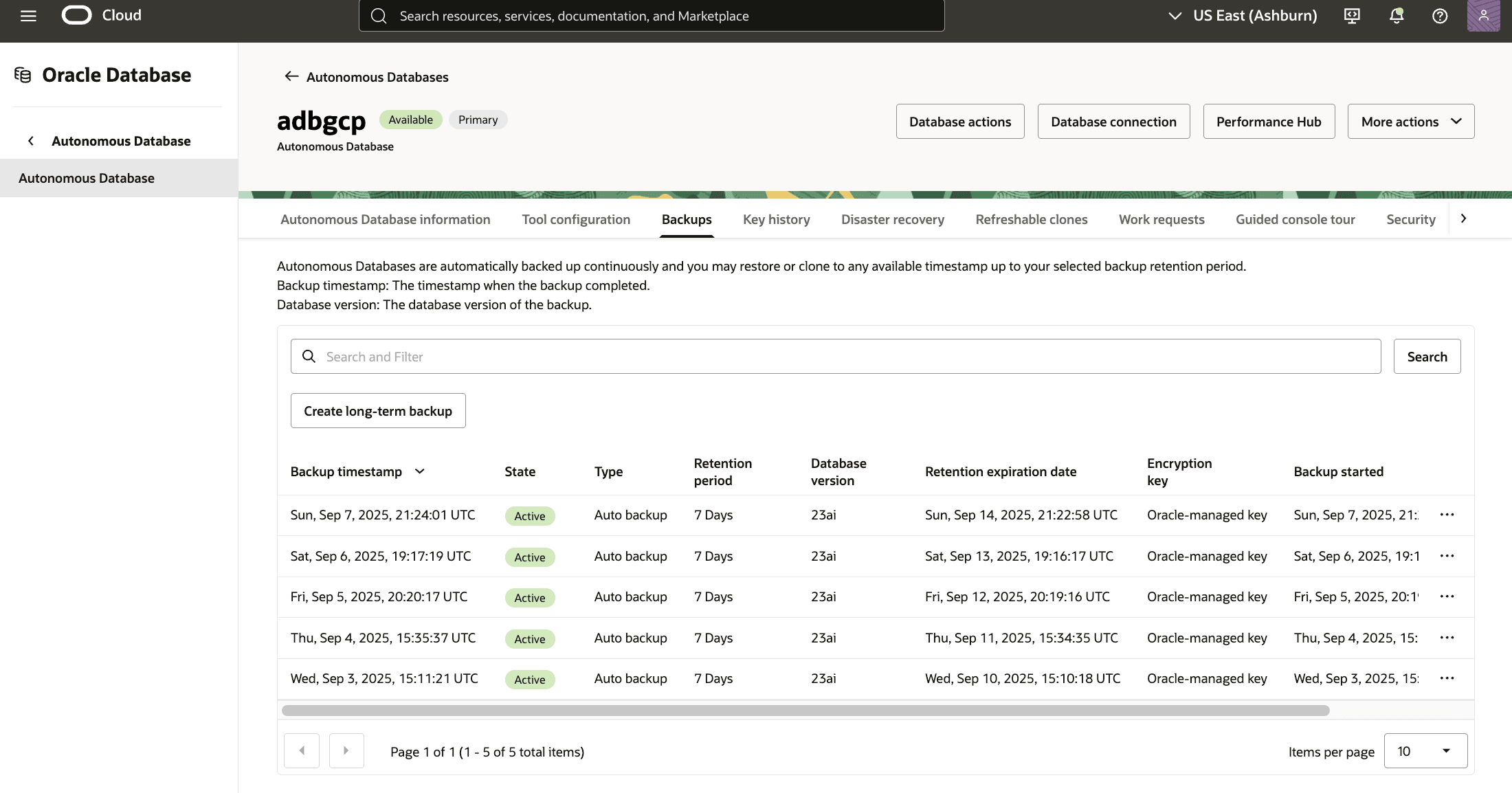 A screenshot of the Autonomous Database backup process.
