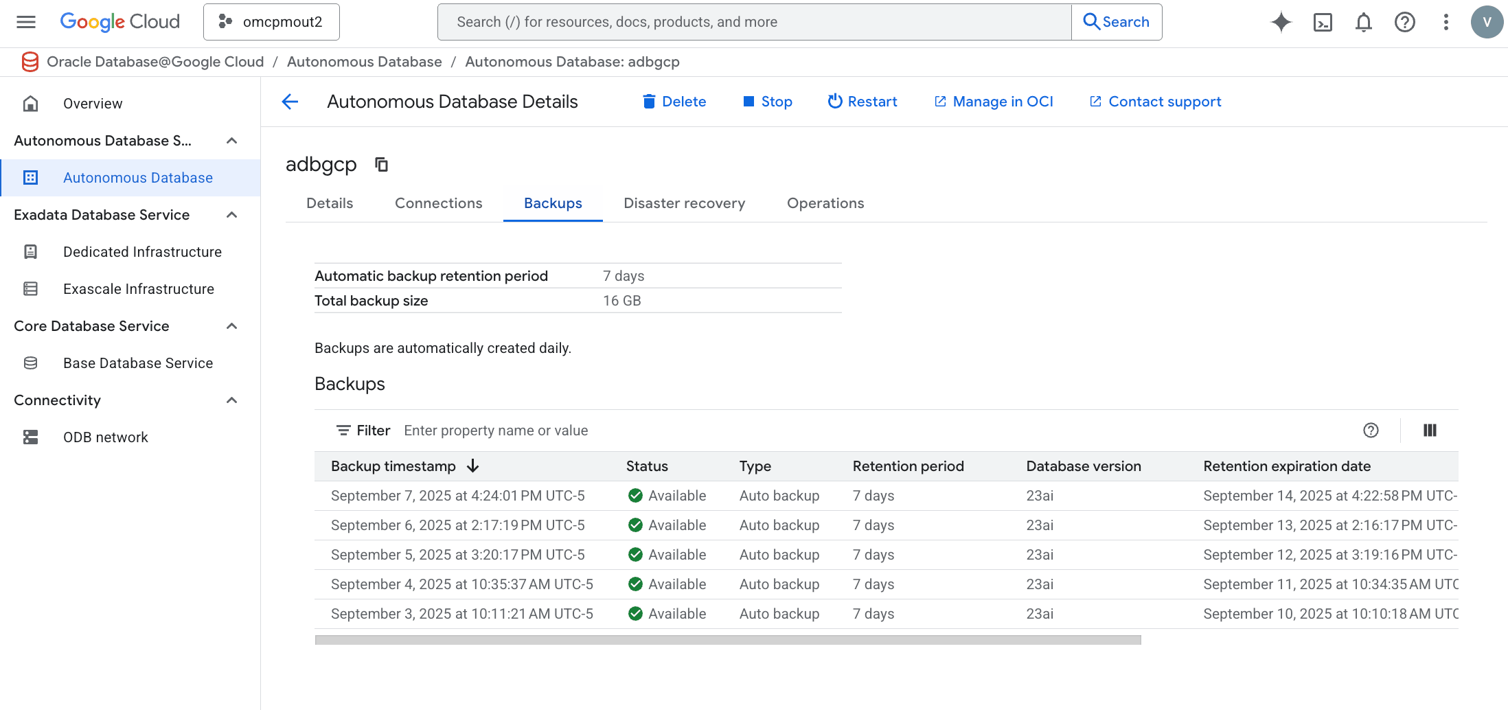 A screenshot of the Autonomous Database backup process.