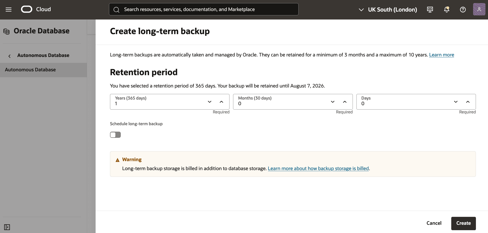 A screenshot of the Autonomous Database backup process.