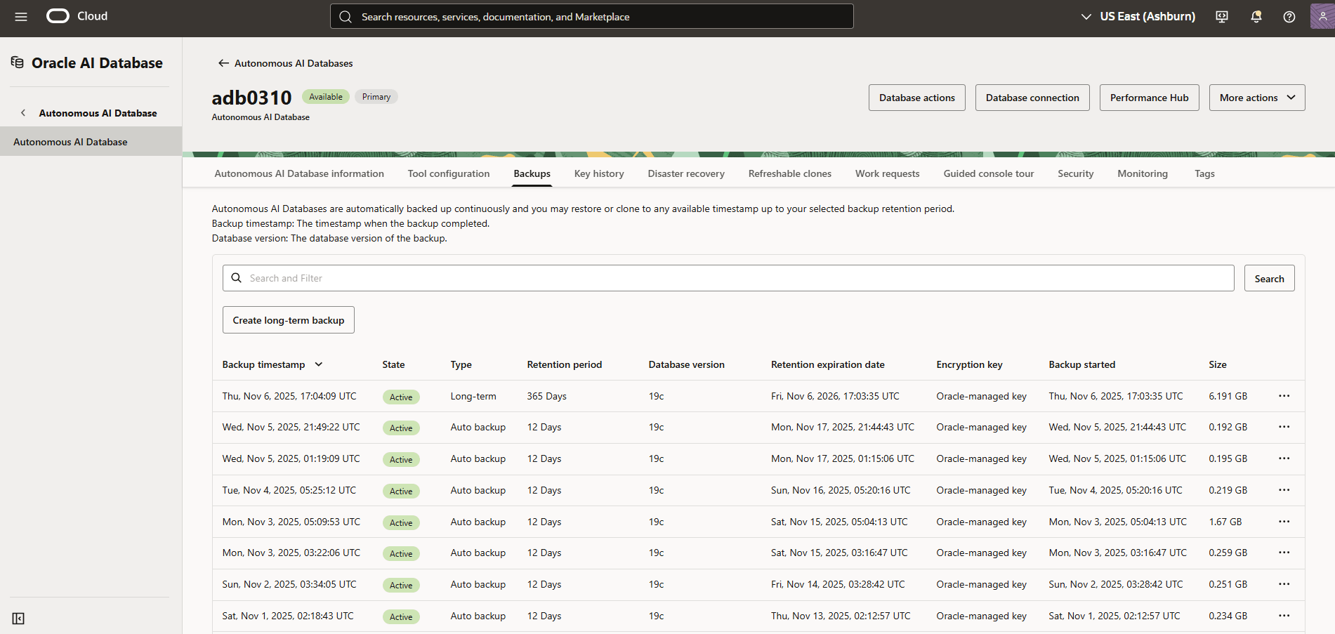 A screenshot of the process to create a long-term backup for an Autonomous AI Database