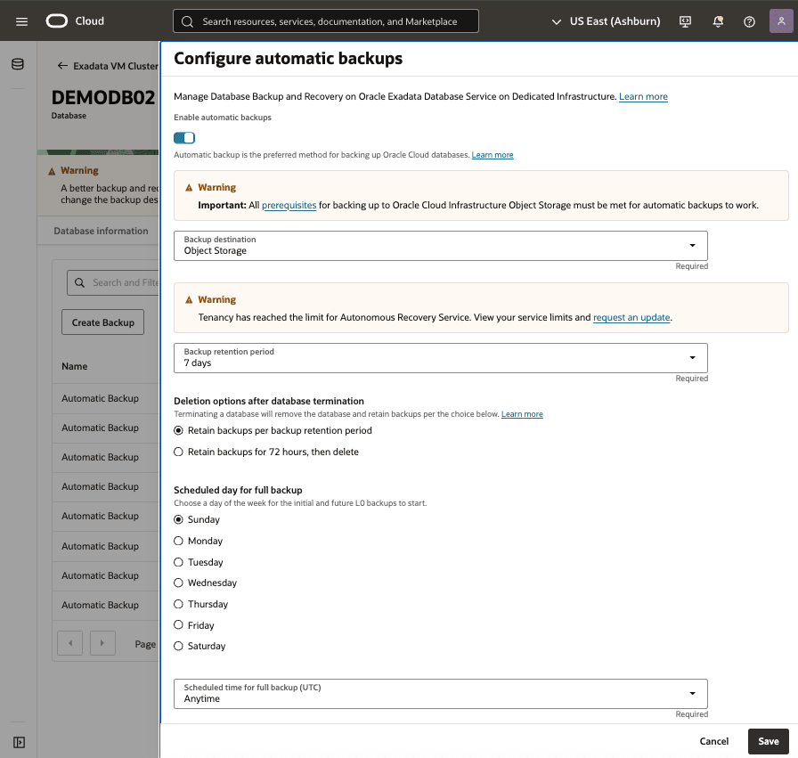 A screenshot of the Exadata Database backup process.