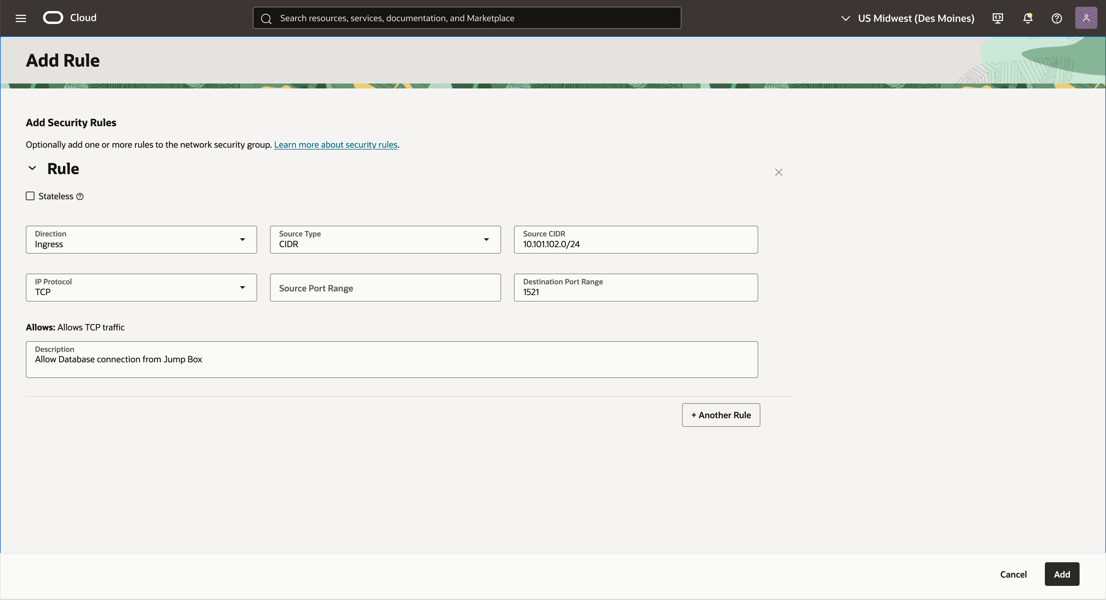 This screenshot shows how to add a rule.