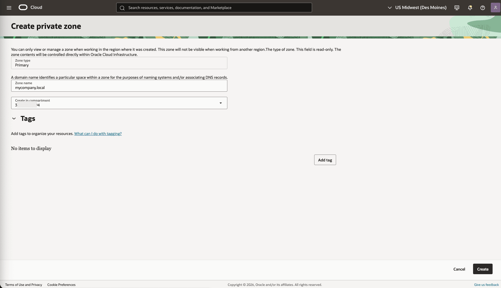 This screenshot shows how to create private zone.