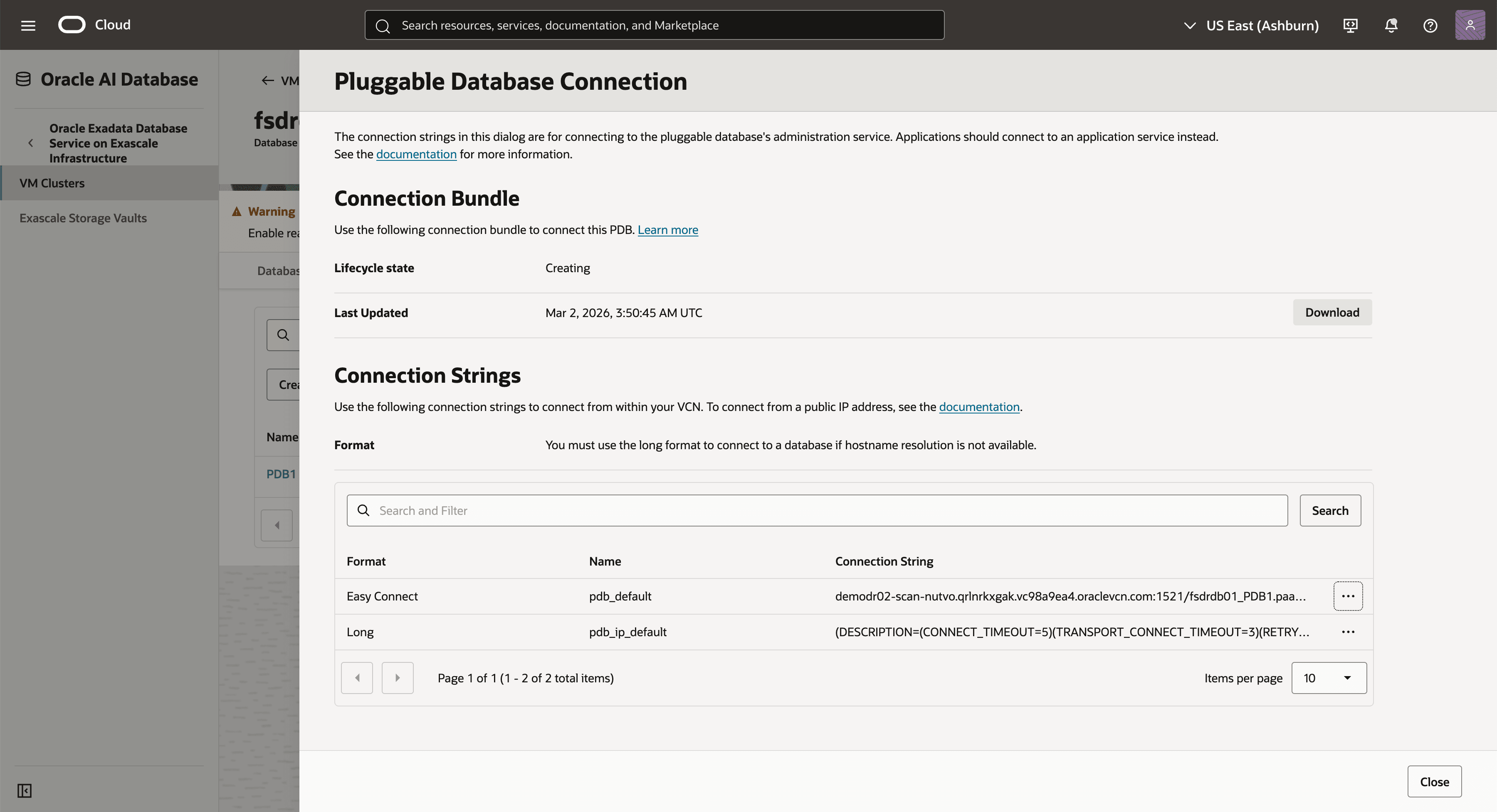 This screenshot shows how to obtain PDB connection string