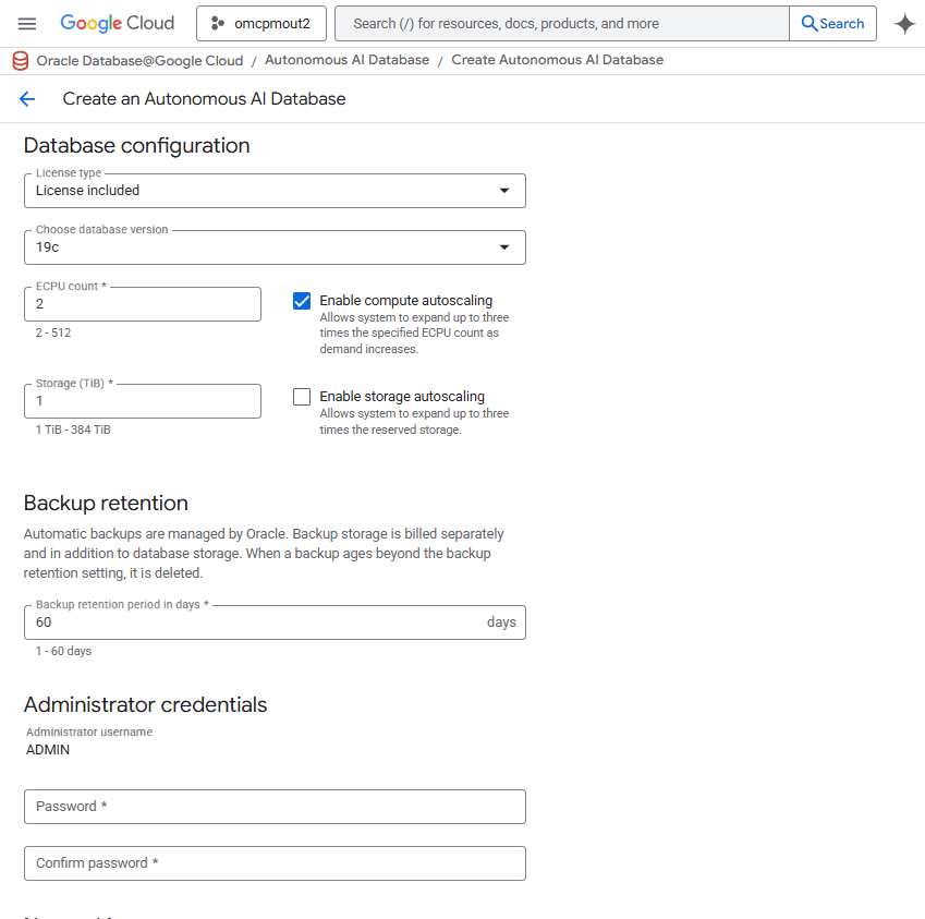 This screenshot shows how to create an Autonomous AI Database.