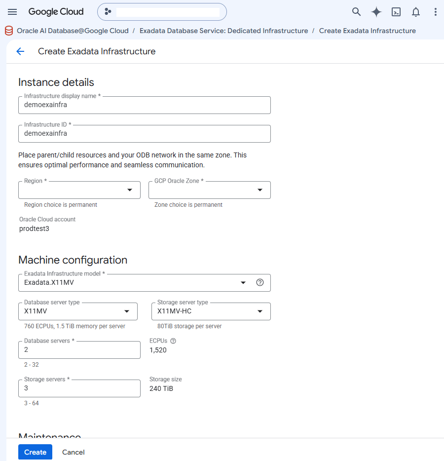 A screenshot of the Exadata Infrastructure creation details.
