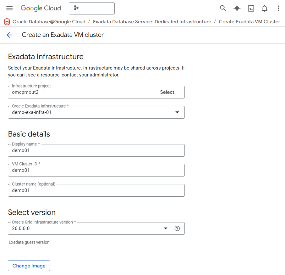 This screenshot shows how to create an Exadata VM Cluster.