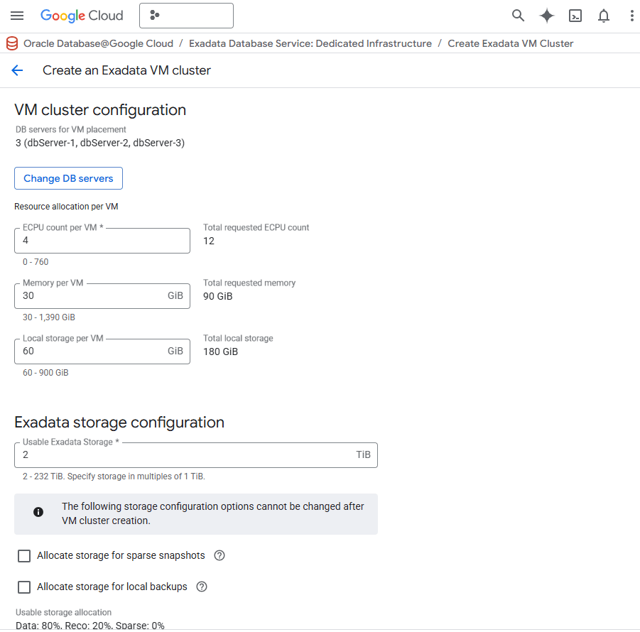 This screenshot shows how to create an Exadata VM Cluster.
