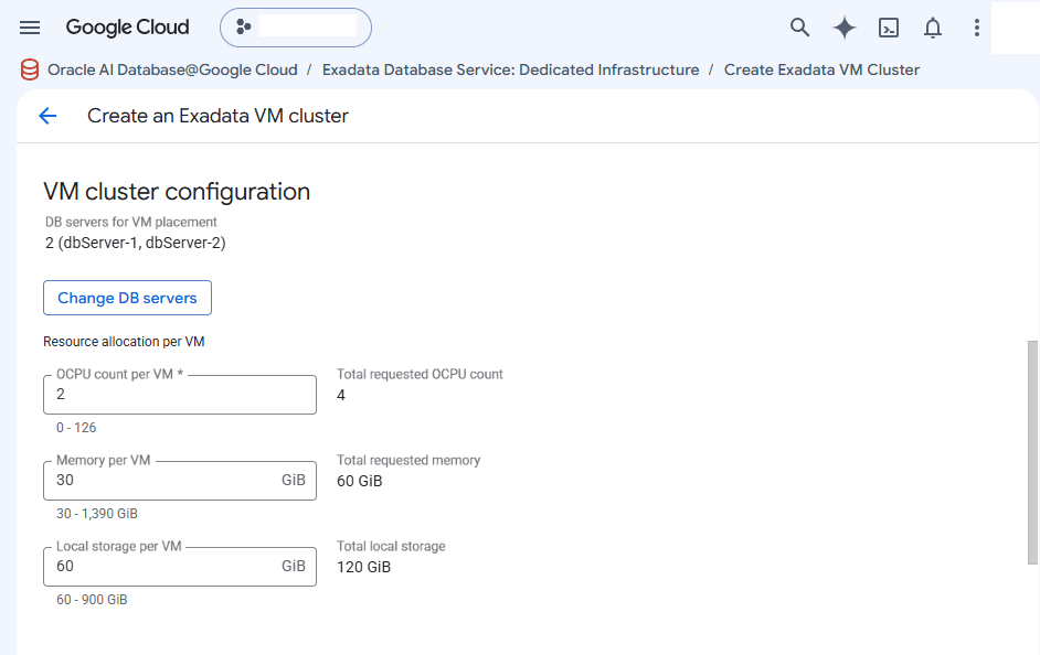 This screenshot shows how to create an Exadata VM Cluster.