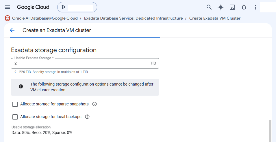 This screenshot shows how to create an Exadata VM Cluster.