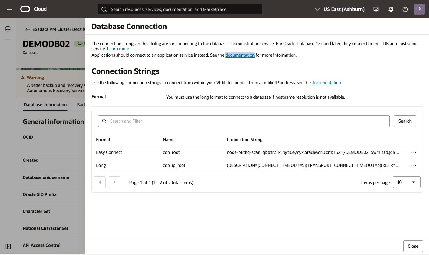 A screenshot of database connections for Exadata Databases