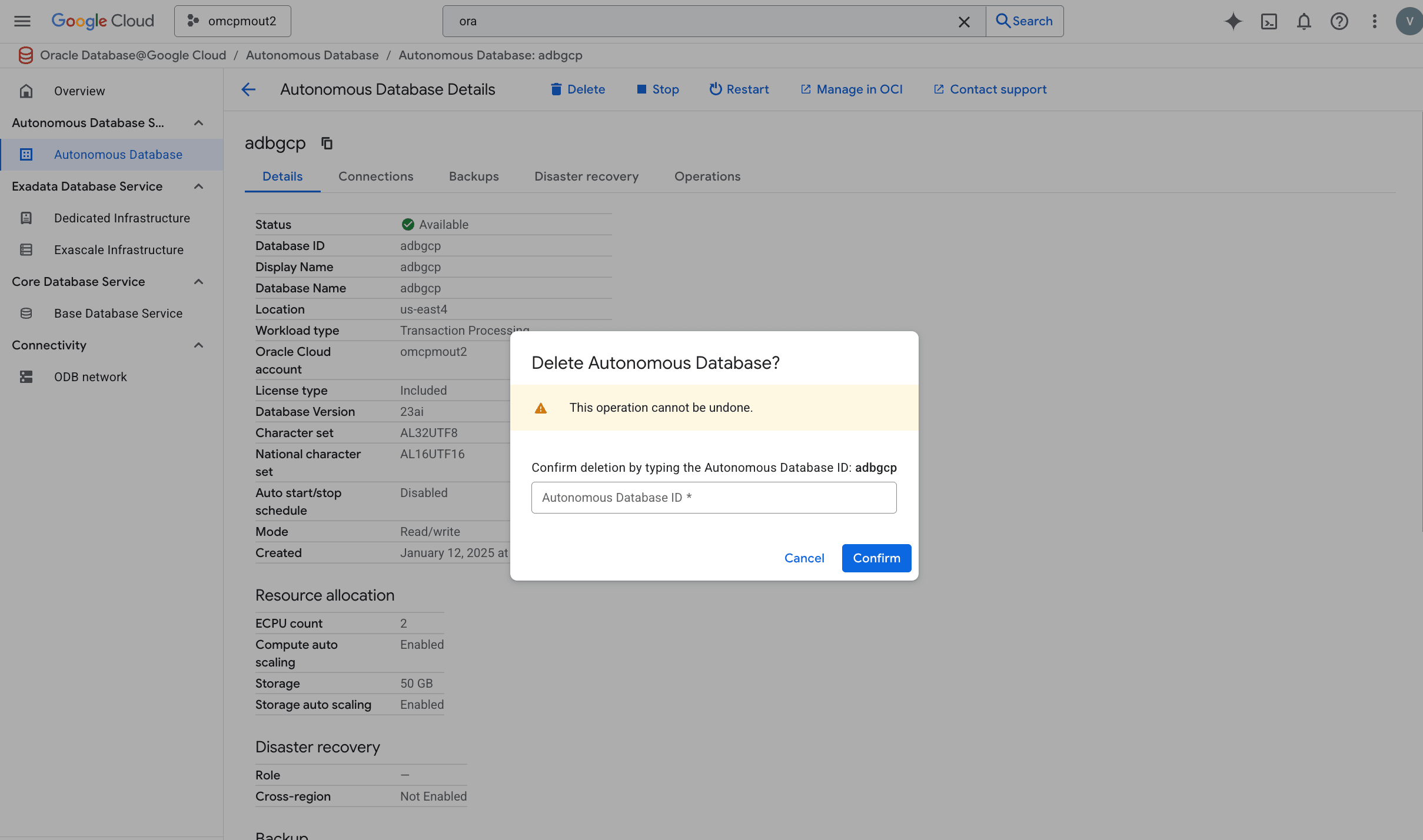 A screenshot showing the deletion of an Autonomous Database.