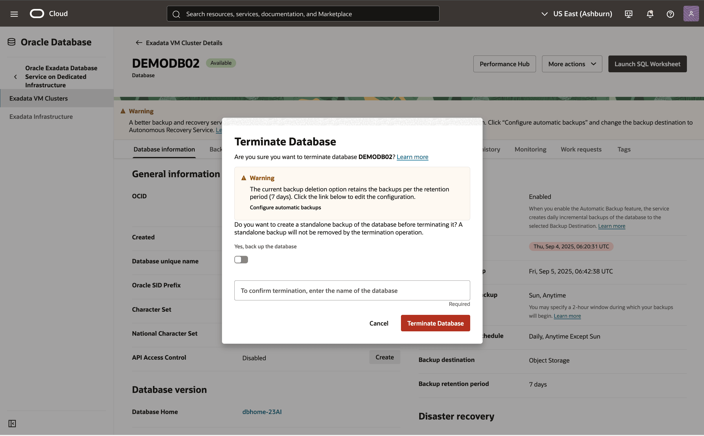A screenshot showing the deletion of an Exadata Container Database.