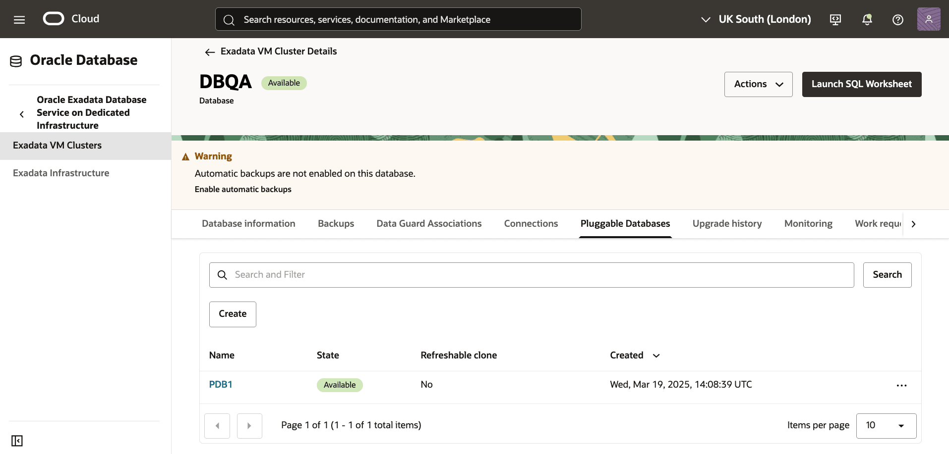 A screenshot showing the deletion of an Exadata Pluggable Database.