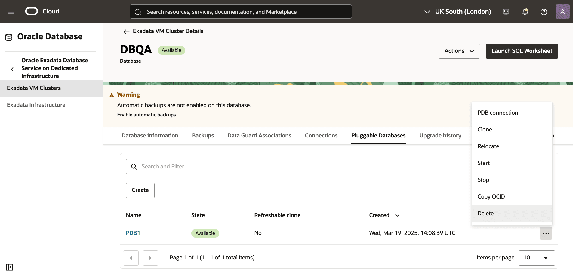 A screenshot showing the deletion of an Exadata Pluggable Database.
