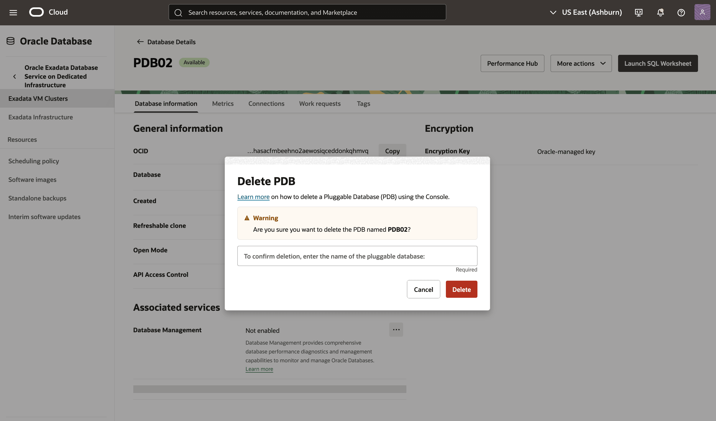 A screenshot showing the deletion of an Exadata Pluggable Database.