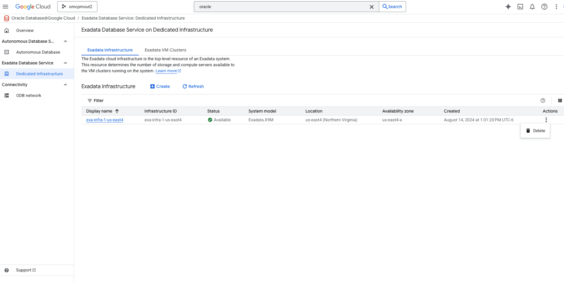 A screenshot showing the deletion of an Exadata Infrastructure.