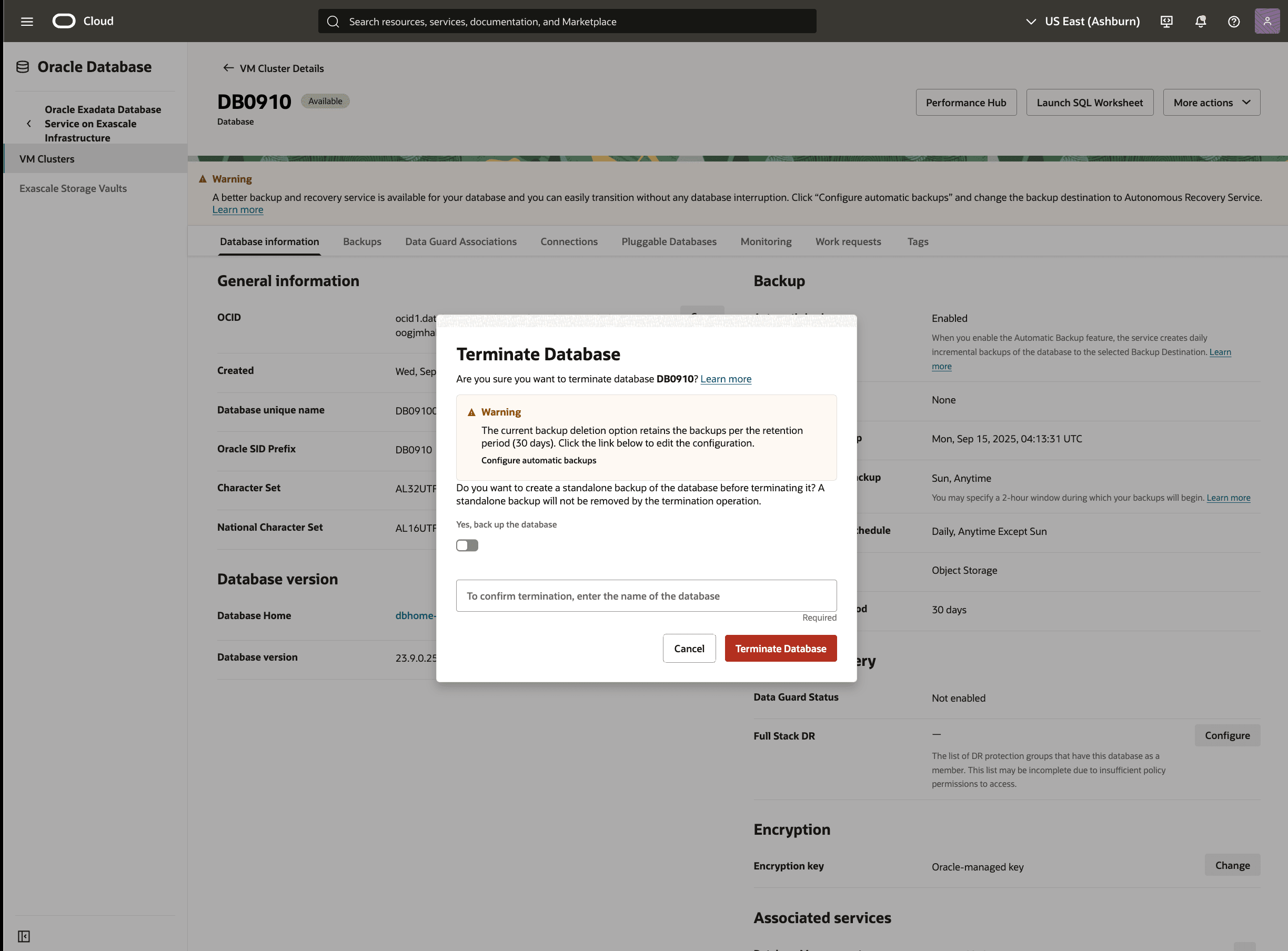 A screenshot showing the deletion of an Exascale Database.