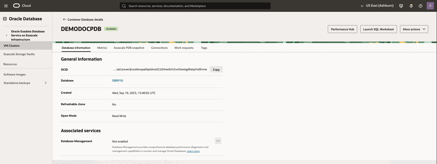 A screenshot showing the deletion of an Exascale Pluggable Database.