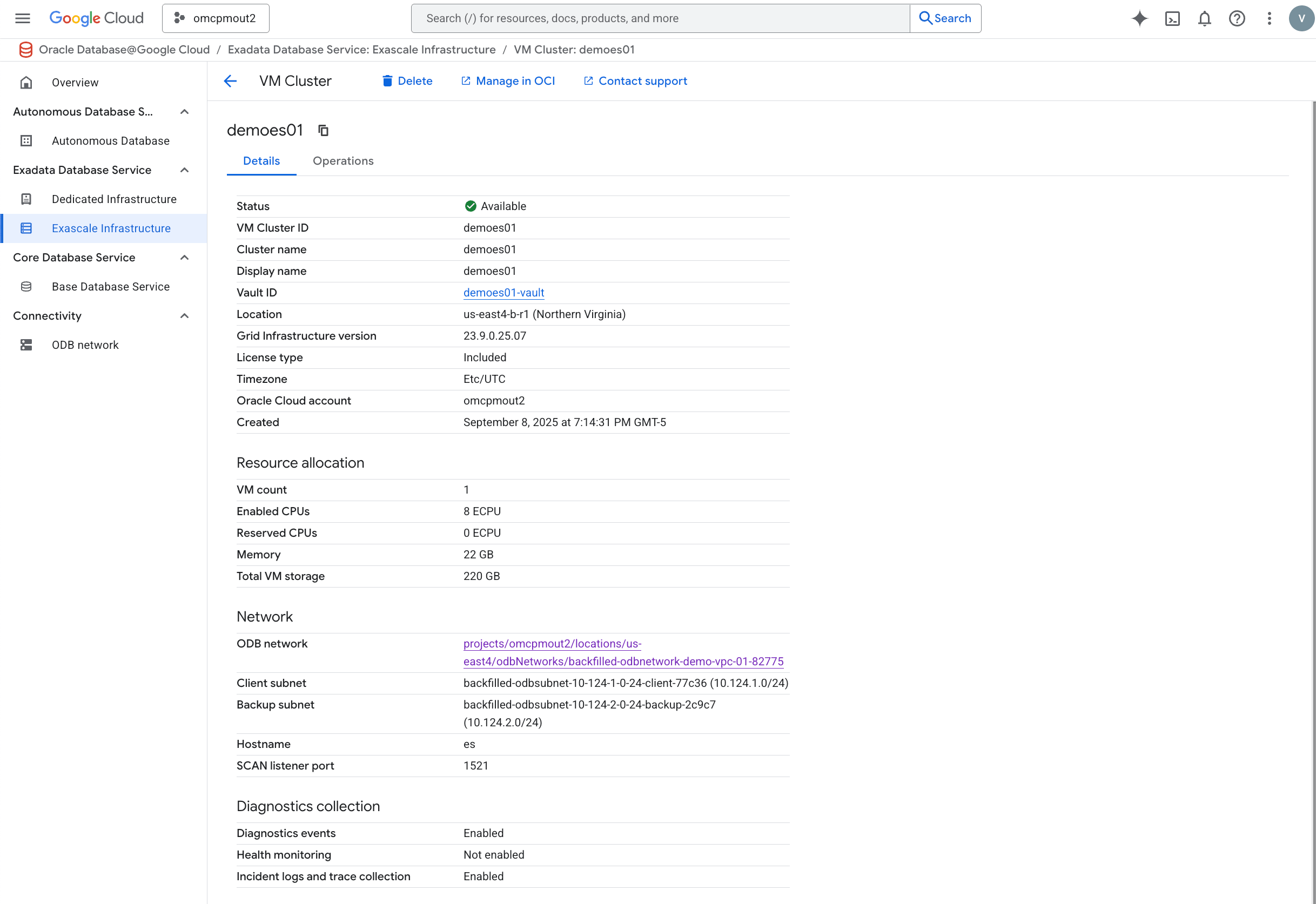 A screenshot showing the deletion of an Exascale VM Cluster.