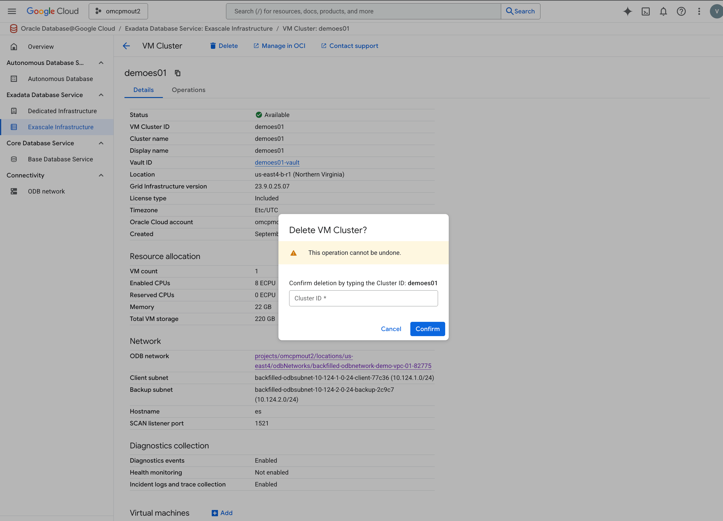 A screenshot showing the deletion of an Exascale VM Cluster.