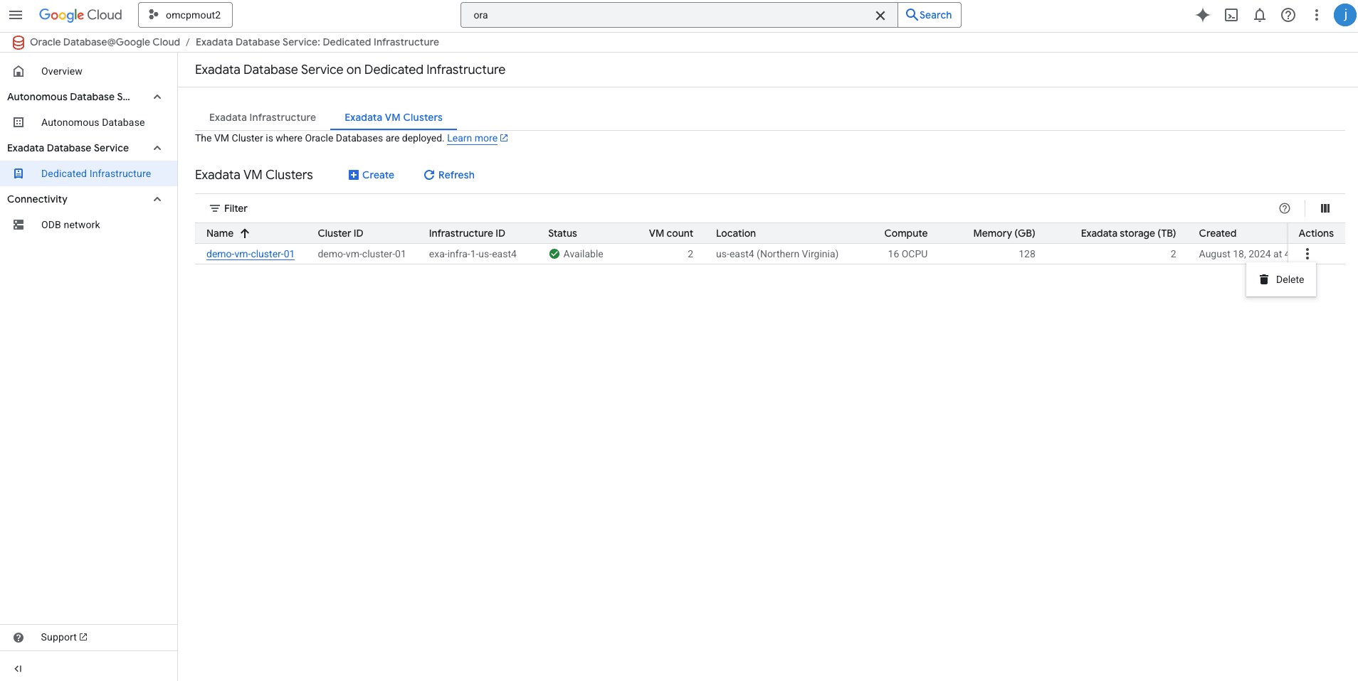 A screenshot showing the deletion of an Exadata VM Cluster.